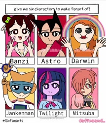 Size: 720x839 | Tagged: safe, artist:dafinaand_, twilight sparkle, human, equestria girls, g4, :d, :o, astro boy, banzi's secret diary, bust, camera, clothes, crossover, darwin watterson, hair over one eye, humanized, jankenman, male, open mouth, peace sign, rainbow, six fanarts, smiling, the amazing world of gumball, toilet-bound hanako-kun, watermark