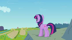 Size: 1920x1080 | Tagged: safe, artist:ursamanner, twilight sparkle, pony, unicorn, g4, butt, cliff, cloud, farm, female, forest, house, mountain, plot, ponyville, ponyville town hall, railroad, river, road, scenery, show accurate, sky, solo, tree, unicorn twilight