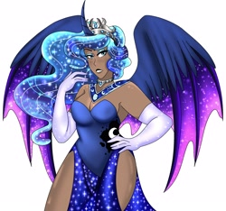Size: 2534x2372 | Tagged: safe, artist:mscreepyplaguedoctor, princess luna, human, alicorn humanization, alternate hairstyle, bedroom eyes, breasts, choker, clothes, crown, curved horn, dark skin, dress, ethereal mane, evening gloves, eyeshadow, female, galaxy mane, gloves, horn, horned humanization, humanized, hybrid wings, jewelry, lipstick, long gloves, makeup, regalia, simple background, solo, starry mane, white background, winged humanization, wings
