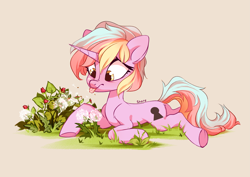 Size: 4093x2894 | Tagged: safe, artist:shore2020, oc, oc only, oc:bumblebun, pony, unicorn, dandelion, female, flower, lying down, mare, prone, solo, tongue out