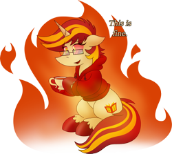 Size: 2038x1816 | Tagged: safe, artist:poseidonathenea, oc, oc only, oc:page turner, pony, unicorn, burning, clothes, commission, commissioner:reversalmushroom, cup, dialogue, female, fire, funny, glasses, hoodie, immolation, mare, simple background, sitting, solo, teacup, text, this is fine, transparent background, unshorn fetlocks