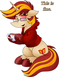 Size: 1236x1612 | Tagged: safe, alternate version, artist:poseidonathenea, oc, oc only, oc:page turner, pony, unicorn, clothes, cup, dialogue, female, funny, glasses, hoodie, mare, simple background, solo, teacup, text, transparent background, unshorn fetlocks