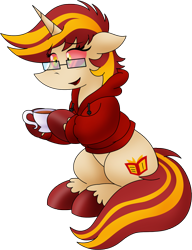 Size: 1236x1612 | Tagged: safe, artist:poseidonathenea, oc, oc:page turner, pony, unicorn, clothes, commission, commissioner:reversalmushroom, cup, female, glasses, hoodie, mare, sitting, solo, teacup, unshorn fetlocks