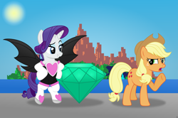 Size: 8847x5882 | Tagged: safe, artist:anime-equestria, applejack, rarity, earth pony, pony, unicorn, g4, absurd resolution, angel island, applejack's hat, bat wings, boots, clothes, costume, cowboy hat, crossover, duo, duo female, emerald, eyeshadow, female, frown, gem, grin, hand on hip, hat, island, makeup, mare, master emerald, mountain, open mouth, ponytail, rouge the bat costume, shadow, shoes, smiling, sonic the hedgehog (series), standing, wings