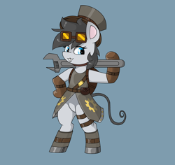 Size: 3056x2884 | Tagged: safe, artist:pencil bolt, oc, oc only, oc:emile(mouse pony), mouse, mouse pony, pony, bipedal, boots, clothes, female, gloves, hat, high res, shoes, simple background, smiling, solo, steampunk