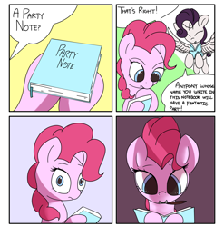 Size: 2008x2031 | Tagged: safe, artist:vultraz, pinkie pie, rarity, alicorn, earth pony, pony, g4, 4 panel comic, alicornified, comic, death note, drawthread, grin, high res, mouth hold, ponified, quill, race swap, raricorn, smiling