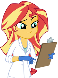 Size: 1024x1383 | Tagged: safe, artist:emeraldblast63, sunset shimmer, equestria girls, g4, clothes, female, lab coat, simple background, smiling, solo, transparent background, vector
