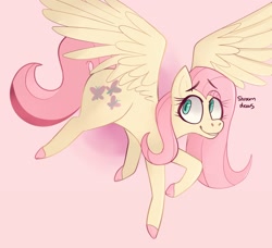 Size: 2048x1869 | Tagged: safe, artist:_shroomdoom_, fluttershy, pegasus, pony, g4, colored hooves, female, mare, pink background, simple background, smiling, solo