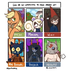 Size: 1080x1080 | Tagged: safe, artist:_shroomdoom_, applejack, cat, earth pony, human, pony, squirrel, anthro, g4, abs, animal crossing, anthro with ponies, apple, apple tree, baseball bat, bust, clothes, cross-popping veins, crossover, eyepatch, female, freckles, hashibira inosuke, hat, homestuck, horns, kimetsu no yaiba, mae borowski, mare, night in the woods, over the garden wall, partial nudity, six fanarts, topless, tree, troll (homestuck), wirt