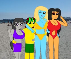 Size: 800x667 | Tagged: safe, artist:trainman3985, octavia melody, oc, oc:ariel phantom, oc:shine, oc:trainman3985, equestria girls, g4, arm around neck, beach, belly button, big breasts, bikini, breasts, busty octavia melody, cleavage, clothes, hand on hip, huge breasts, red swimsuit, swimming trunks, swimsuit, yellow swimsuit