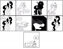 Size: 1863x1444 | Tagged: safe, artist:sugar lollipop, oc, oc only, oc:black-star, oc:double face, earth pony, pony, unicorn, angry, black and white, comic, dark, development, digital art, drawing, drawthread, earth pony oc, female, grayscale, history, horn, male, monochrome, mother and child, mother and son, sad, simple background, story included, unicorn oc