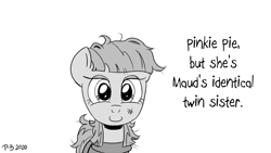 Size: 1200x675 | Tagged: safe, artist:pony-berserker, pinkie pie, earth pony, pony, pony-berserker's twitter sketches, g4, alternate personalities, alternate timeline, alternate universe, evil twin, female, halftone, implied maud pie, mare, monochrome, not maud pie, ruffled hair, smiling, solo, something is not right, twin, wat