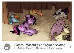 Size: 1590x1136 | Tagged: safe, anonymous artist, applejack, fluttershy, rainbow dash, rarity, twilight sparkle, earth pony, pegasus, pony, unicorn, g4, butt, cute, drawthread, explicit description, female, floppy ears, horses doing horse things, implied farting, implied snoring, mare, plot, ponified, ponified animal photo, sleeping, unicorn twilight