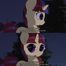 Size: 2048x2048 | Tagged: safe, artist:vultraz, moondancer, pony, unicorn, g4, caption, dialogue, drawthread, female, high res, meme, ponified, ponified meme, solo, whisper of the heart