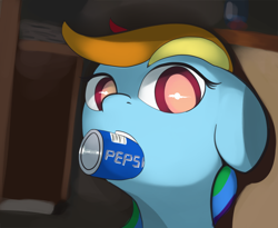 Size: 2520x2070 | Tagged: safe, artist:vultraz, rainbow dash, pegasus, pony, g4, behaving like a dog, bust, colored pupils, drawthread, female, floppy ears, high res, mare, mouth hold, pepsi, ponified, ponified animal photo, portrait, soda, solo