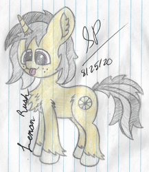 Size: 2024x2336 | Tagged: safe, artist:solder point, oc, oc only, oc:lemon rush, pony, unicorn, :p, chest fluff, cute, dilated pupils, ear fluff, female, happy, high res, leg fluff, mare, signature, smiling, solo, standing, tongue out, traditional art