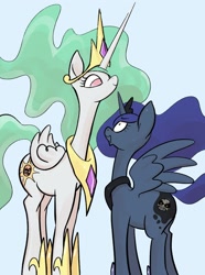 Size: 1969x2652 | Tagged: safe, artist:noupu, princess celestia, princess luna, alicorn, pony, g4, angry sun, blue background, duo, exploitable meme, female, height difference, long neck, luna is not amused, mare, meme, nope.avi, princess necklestia, royal sisters, simple background, sisters, super mario, super mario bros. 3, tall, termina's moon, the legend of zelda, the legend of zelda: majora's mask, unamused