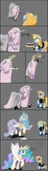 Size: 902x3186 | Tagged: safe, anonymous artist, princess celestia, alicorn, pony, zombie, g4, breakfast, cake, cakelestia, chains, clothes, coffee, collar, comic, cracked horn, crown, drawthread, duo, emaciated, floppy ears, food, hair over eyes, hoof shoes, horn, jewelry, maid, mood, oh are you having cake?, peytral, pink-mane celestia, raised hoof, regalia, requested art, restoration, servant, sheepish grin, skinny, that princess sure does love cake, thin, transformation