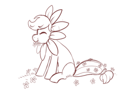 Size: 1600x1200 | Tagged: safe, anonymous artist, applejack, earth pony, pony, g4, cute, drawthread, eating, eating flower, flower, flower costume, herbivore, horses doing horse things, jackabetes, monochrome, simple background, sketch, white background