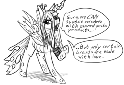 Size: 1200x820 | Tagged: safe, anonymous artist, queen chrysalis, changeling, changeling queen, g4, canned food, dialogue, drawthread, female, pun, requested art, simple background, solo, spagoots, speech bubble, white background