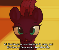 Size: 1240x1037 | Tagged: safe, artist:anonymous, artist:vultraz, tempest shadow, pony, unicorn, g4, anime, bust, caption, cute, dialogue, drawthread, female, mare, ponified, portrait, solo, watamote
