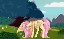 Size: 994x613 | Tagged: safe, artist:xariiann, fluttershy, pegasus, pony, g4, blushing, colored hooves, cute, female, looking at you, mare, outdoors, shy, shyabetes, solo, spread wings, standing, three quarter view, tree, wings, wings down