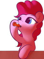 Size: 2123x2844 | Tagged: safe, artist:vultraz, pinkie pie, earth pony, pony, g4, drawthread, female, high res, hot sauce, mare, simple background, sipping, solo, tabasco, transparent background