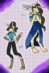 Size: 1200x1800 | Tagged: safe, artist:ravenroyal21, oc, oc only, unicorn, anthro, unguligrade anthro, abstract background, arm hooves, clothes, dress, duo, ear piercing, hoof polish, hooves together, horn, pants, piercing, talking, unicorn oc