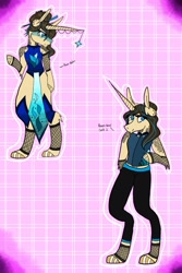 Size: 1200x1800 | Tagged: safe, artist:ravenroyal21, oc, oc only, unicorn, anthro, unguligrade anthro, abstract background, arm hooves, clothes, dress, duo, hoof polish, horn, horn jewelry, jewelry, pants, unicorn oc