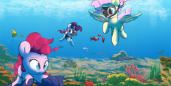 Size: 2420x1218 | Tagged: safe, artist:vultraz, fluttershy, pinkie pie, rarity, earth pony, fish, pegasus, pony, unicorn, g4, coral, diving, drawthread, requested art, scuba diving, scuba gear, swimming, trio, underwater, watershy