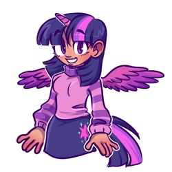 Size: 1280x1280 | Tagged: safe, artist:skylordlysander, twilight sparkle, alicorn, human, g4, clothes, cute, cutie mark, cutie mark on clothes, female, horn, horned humanization, humanized, looking at you, simple background, skirt, smiling, solo, sweater, turtleneck, twiabetes, twilight sparkle (alicorn), white background, winged humanization, wings