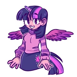 Size: 1280x1280 | Tagged: safe, alternate version, artist:skylordlysander, twilight sparkle, alicorn, human, equestria girls, g4, clothes, cute, cutie mark, cutie mark on clothes, female, horn, horned humanization, looking at you, pony coloring, simple background, skirt, smiling, solo, sweater, turtleneck, twiabetes, twilight sparkle (alicorn), white background, winged humanization, wings