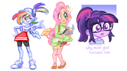 Size: 1280x720 | Tagged: safe, artist:skylordlysander, discord, fluttershy, rainbow dash, sci-twi, twilight sparkle, equestria girls, g4, bandaid, bandaid on nose, baseball cap, bust, cap, clothes, converse, discord plushie, female, hat, open mouth, plushie, portrait, pose, shoes, stockings, sweater, sweatershy, thigh highs