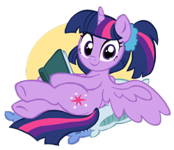 Size: 2048x1759 | Tagged: safe, artist:skylordlysander, twilight sparkle, alicorn, pony, g4, adorkable, alternate hairstyle, book, cute, daaaaaaaaaaaw, dork, female, looking at you, looking back, looking back at you, mare, pillow, ponytail, reading, show accurate, simple background, sitting, solo, transparent background, twiabetes, twilight sparkle (alicorn)