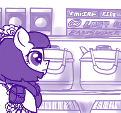 Size: 640x600 | Tagged: safe, artist:ficficponyfic, part of a set, oc, oc only, oc:mulberry telltale, cyoa:madness in mournthread, bag, barrel, box, clothes, concerned, cyoa, fireworks, flower, hairband, monochrome, neckerchief, shawl, shelf, story included