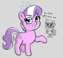 Size: 1008x932 | Tagged: safe, artist:heretichesh, diamond tiara, silver spoon, earth pony, pony, g4, blushing, cute, dialogue, diamondbetes, duo, female, filly, glasses, jewelry, raised hoof, smiling, text, tiara