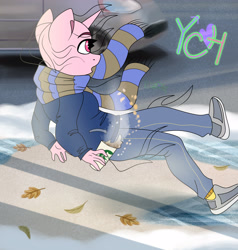 Size: 3800x4000 | Tagged: safe, artist:irinamar, alicorn, unicorn, anthro, car, clothes, coffee, commission, female, ice, leaves, road, scarf, slipping, solo, starbucks, your character here