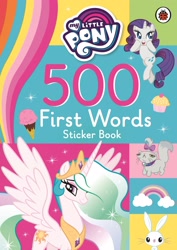 Size: 2480x3508 | Tagged: safe, angel bunny, opalescence, princess celestia, rarity, alicorn, cat, insect, ladybug, pony, rabbit, unicorn, g4, official, animal, book, crown, cupcake, eyeshadow, female, first words, food, happy, high res, ice cream, ice cream cone, jewelry, makeup, mare, my little pony logo, necklace, open mouth, open smile, rainbow, regalia, smiling, sparkles, sticker, stock vector