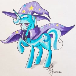 Size: 1021x1021 | Tagged: safe, artist:galaxy.in.mind, trixie, pony, unicorn, g4, cape, clothes, hat, male, raised hoof, rule 63, signature, smiling, solo, stallion, traditional art, tristan, wizard hat