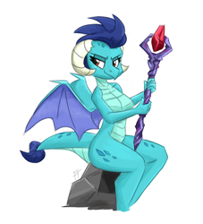 Size: 1500x1650 | Tagged: safe, artist:flutterthrash, princess ember, dragon, anthro, g4, bloodstone scepter, breasts, busty princess ember, dragoness, female, simple background, sitting, solo, white background