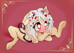 Size: 1200x868 | Tagged: safe, artist:mistleinn, demon, demon pony, original species, pony, asmodeus, behaving like a cat, blushing, crossover, devil tail, female, heart, heart eyes, helltaker, horn, horns, licking, licking leg, modeus, ponified, self licking, simple background, sitting, solo, tongue out, white hair, wingding eyes