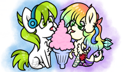 Size: 960x540 | Tagged: safe, artist:silentwolf-oficial, oc, oc only, earth pony, pegasus, pony, chest fluff, earth pony oc, headphones, micro, milkshake, multicolored hair, pegasus oc, rainbow hair, raised hoof, sharing a drink, simple background, straw, transparent background, wings