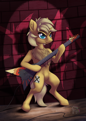 Size: 4677x6614 | Tagged: safe, artist:calena, oc, oc only, oc:sunlight bolt, pony, unicorn, absurd resolution, bipedal, commission, electric guitar, guitar, looking at you, male, musical instrument, solo, stallion, standing on two hooves, ych result