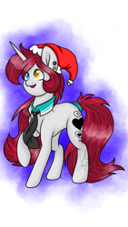 Size: 1080x1920 | Tagged: safe, artist:silentwolf-oficial, oc, oc only, pony, unicorn, christmas, ear piercing, hat, heterochromia, holiday, horn, necktie, piercing, raised hoof, santa hat, simple background, solo, transparent background, unicorn oc