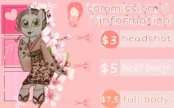 Size: 1680x1050 | Tagged: safe, artist:wrath-marionphauna, oc, oc only, oc:color breezie, pony, unicorn, advertisement, clothes, commission info, full body, half body, kimono (clothing), price list, price sheet, solo, traditional art