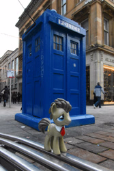 Size: 2000x3000 | Tagged: safe, artist:steam-loco, doctor whooves, time turner, earth pony, pony, g4, bronyscot, bronyscot 2016, crossover, doctor who, funko, glasgow, high res, irl, photo, photography, solo, tardis, telephone box, the doctor, toy