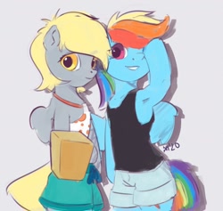 Size: 1286x1217 | Tagged: safe, artist:drafthoof, derpy hooves, rainbow dash, pegasus, semi-anthro, g4, arm hooves, bipedal, clothes, duo, looking at you, shirt, shorts, smiling, t-shirt