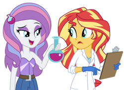 Size: 1024x743 | Tagged: safe, artist:emeraldblast63, potion nova, sunset shimmer, equestria girls, g4, g4.5, my little pony equestria girls: friendship games, my little pony: pony life, the science of magic, bare shoulders, clothes, duo, equestria girls-ified, female, g4.5 to equestria girls, gloves, lab coat, potion, redesign, rubber gloves, simple background, sleeveless, strapless, sunset the science gal, transparent background