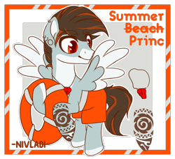 Size: 2092x1911 | Tagged: safe, artist:nivladi, oc, oc only, oc:summer waves, pegasus, pony, ear piercing, earring, flying, jewelry, life preserver, lifeguard, male, markings, piercing, raised hoof, simple background, solo, stallion, swimming trunks, tattoo, transparent background, trunks, whistle