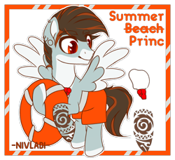 Size: 2092x1911 | Tagged: safe, alternate version, artist:nivladi, oc, oc only, oc:summer waves, pegasus, pony, ear piercing, earring, flying, jewelry, life preserver, lifeguard, male, markings, piercing, raised hoof, simple background, solo, stallion, swimming trunks, tattoo, transparent background, trunks, whistle